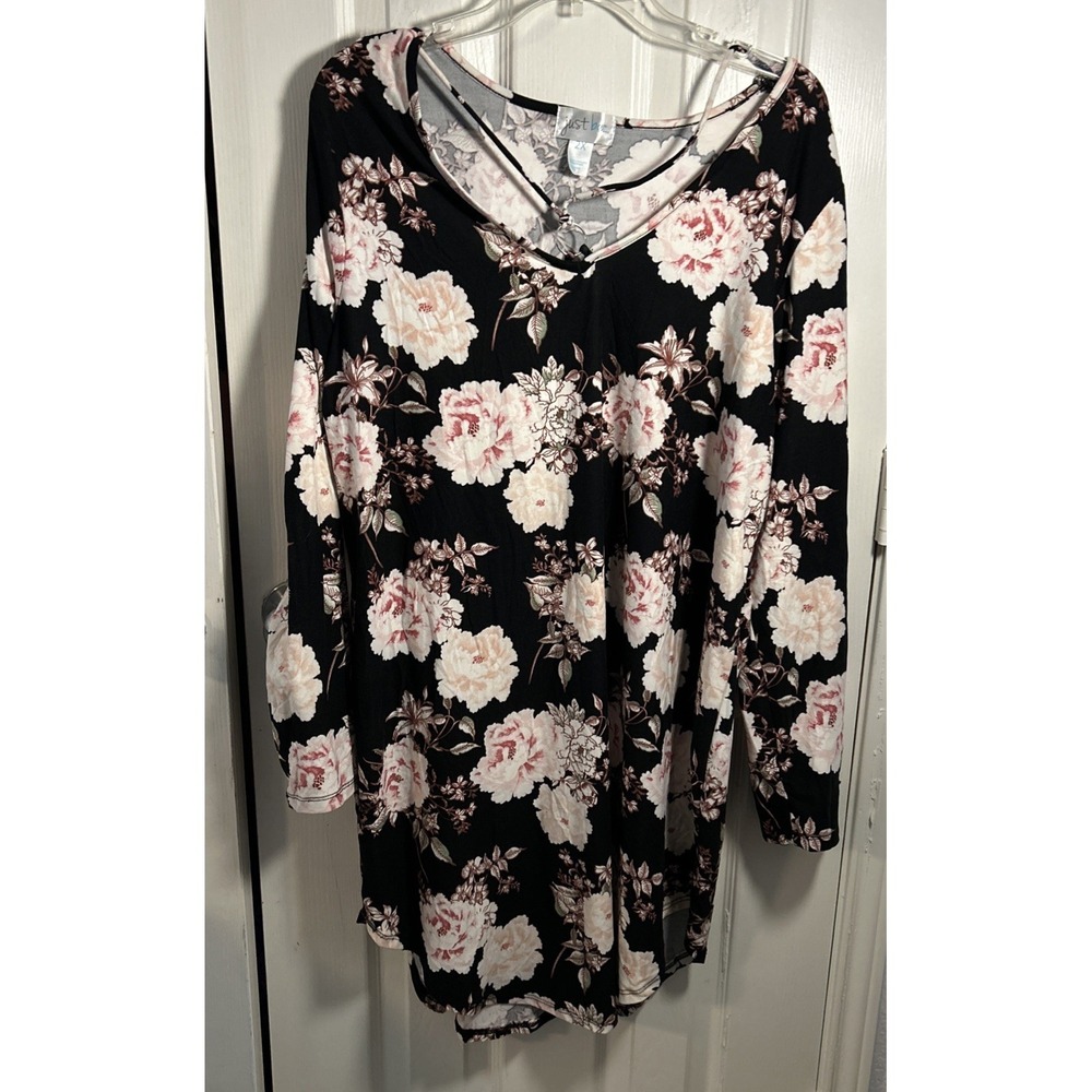 Just Be Women's 2X Stretch‎ Knit Tunic Black/Pink Floral Long Sleeve